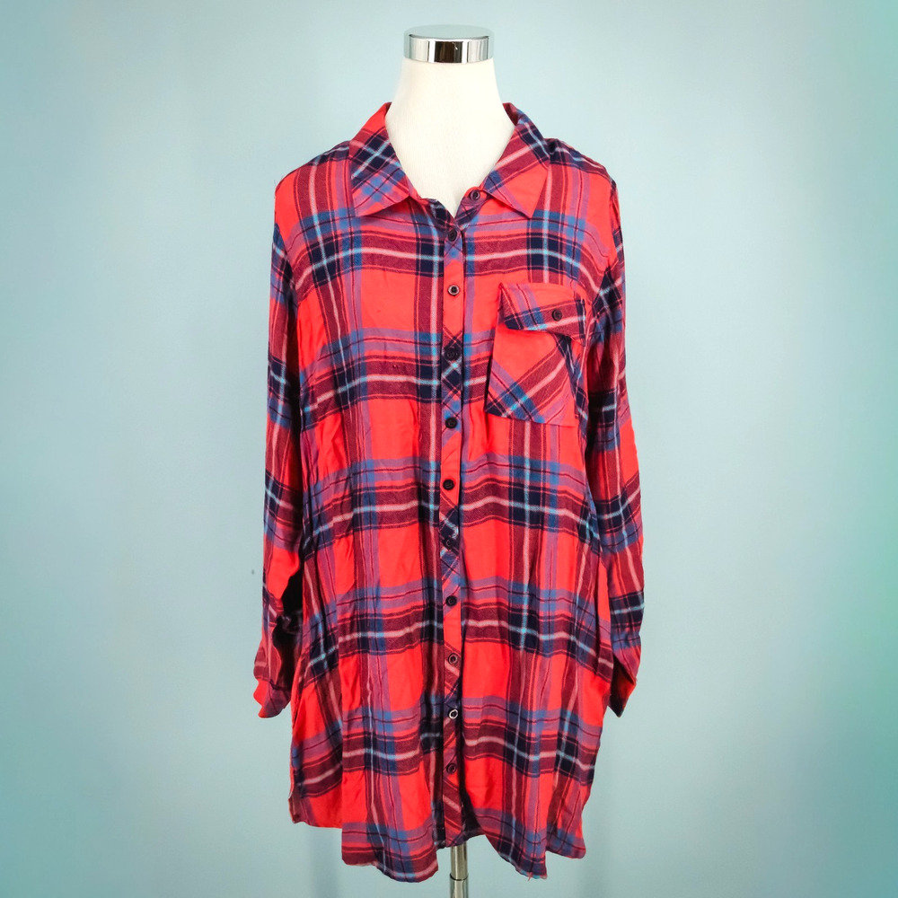 Tolani Collection Plus Size 1X Neicy Red Plaid Floral Print Button Tunic Top NEW